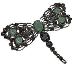 Liz Claiborne Dragonfly Brooch Signed LC Faux Faceted Marcasite Jade Jewelry